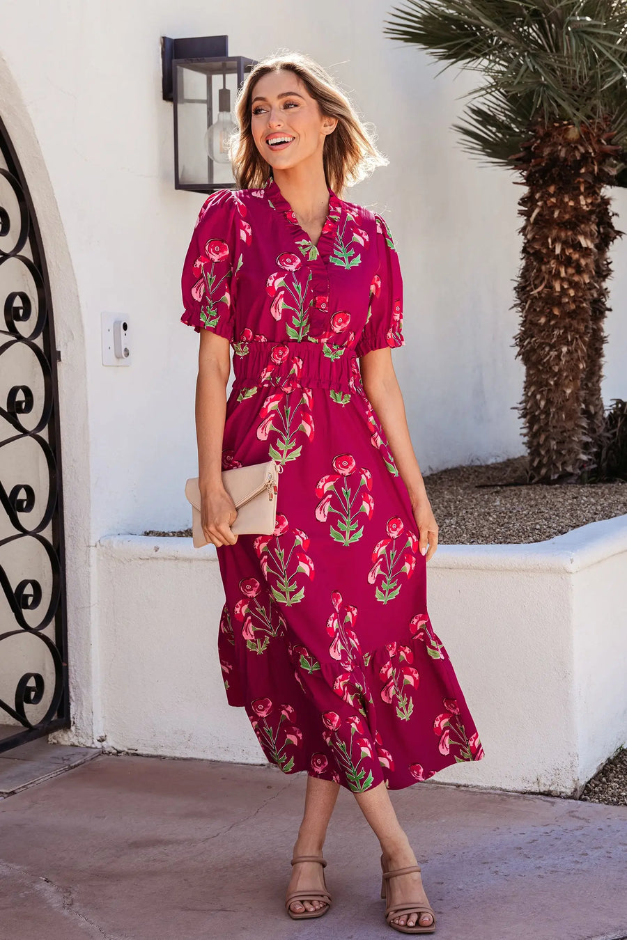Red Floral Frilled V Neck Short Sleeve Ruffle Hem Maxi Dress Women UK — side detail