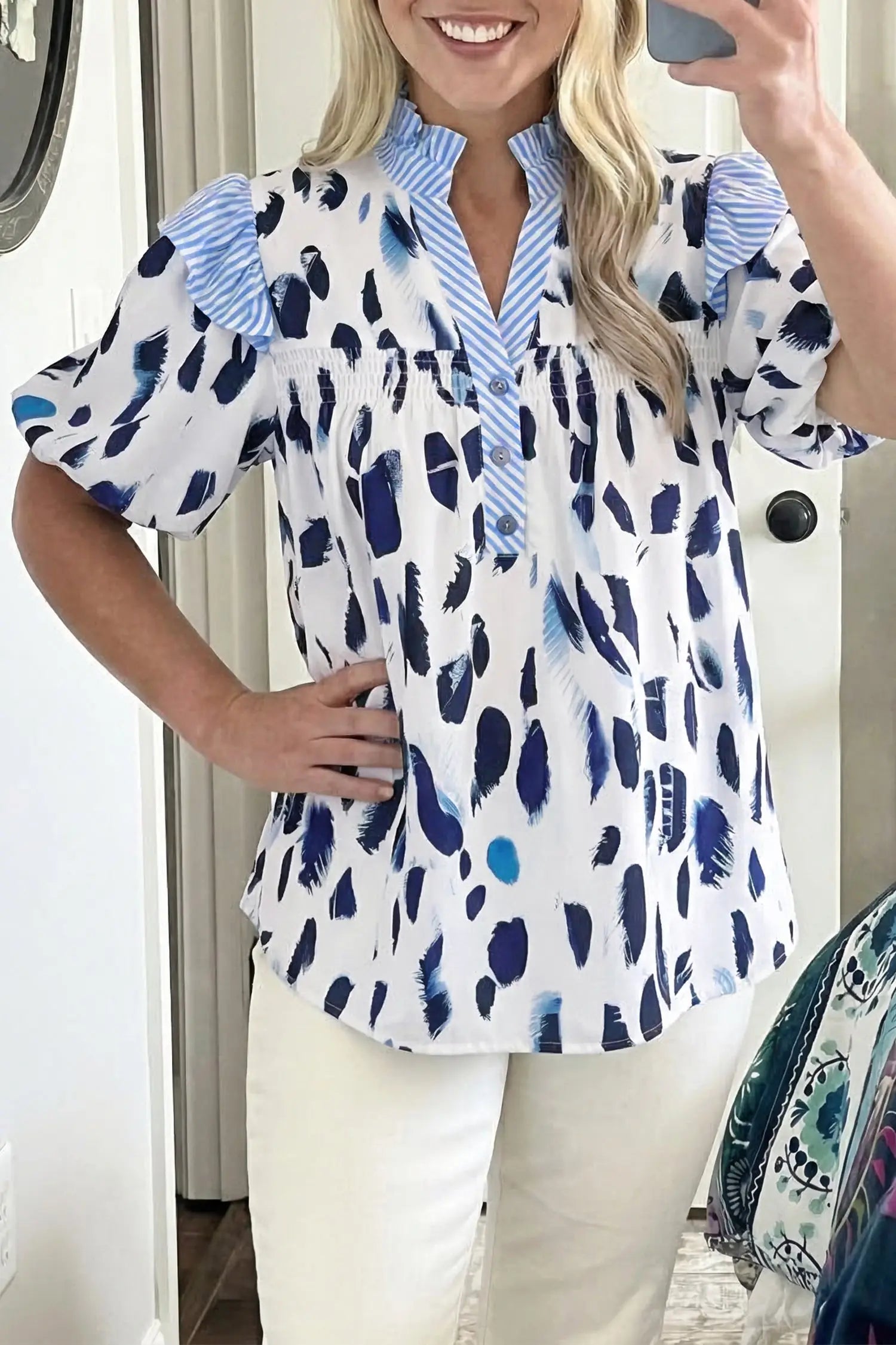 Beige abstract animal print striped ruffle trim v neck blouse