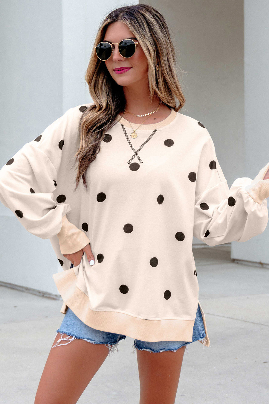 Polka Dot Long Sleeve Round Neck Tunic Sweatshirt