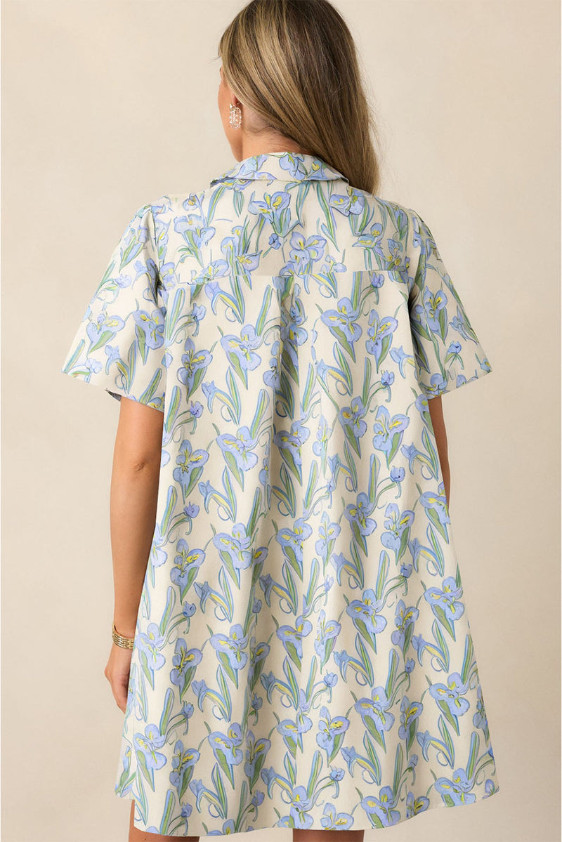 Green Floral Shirt Collar Buttoned Short Sleeve Shift Dress Women UK