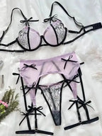 Fashionable embroidered see-through mesh bow sexy underwear set - Fashionfitz