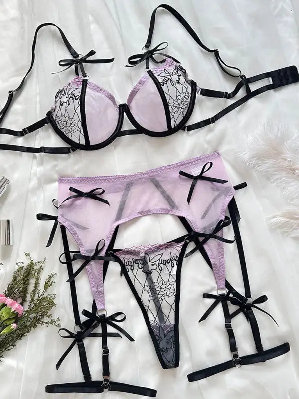 Fashionable embroidered see-through mesh bow sexy underwear set - garter sets