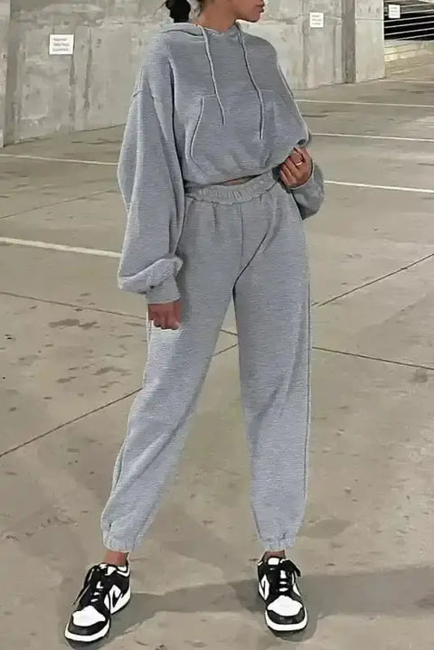 Grey drop shoulder hoodie and joggers activewear set front view — Fashionfitz UK