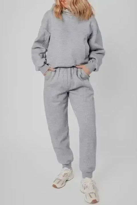 Grey urban chic exposed seams hoodie and joggers activewear set front view — Fashionfitz UK