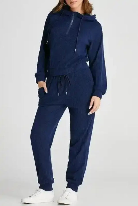 Navy blue soft cropped hoodie and joggers activewear set front view — Fashionfitz UK