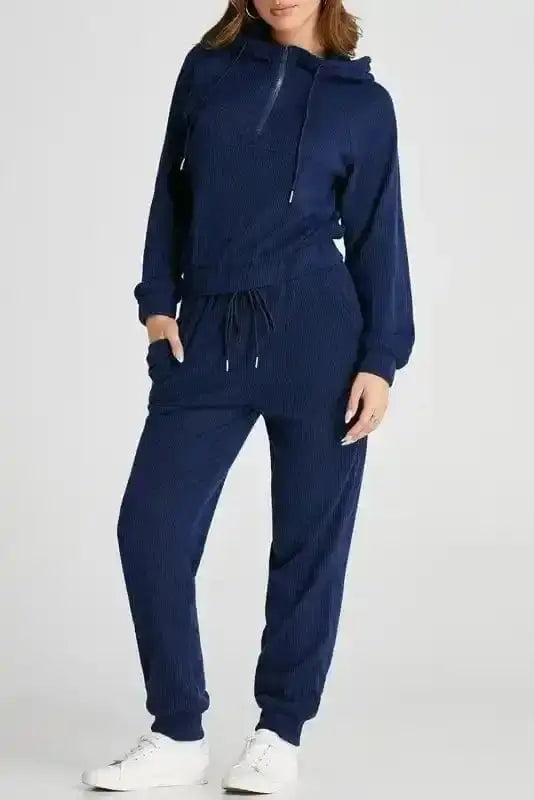 Navy blue soft cropped hoodie and joggers activewear set front view — Fashionfitz UK