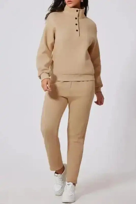 Parchment relaxation half-button sweatshirt and sweatpants set front view — Fashionfitz UK