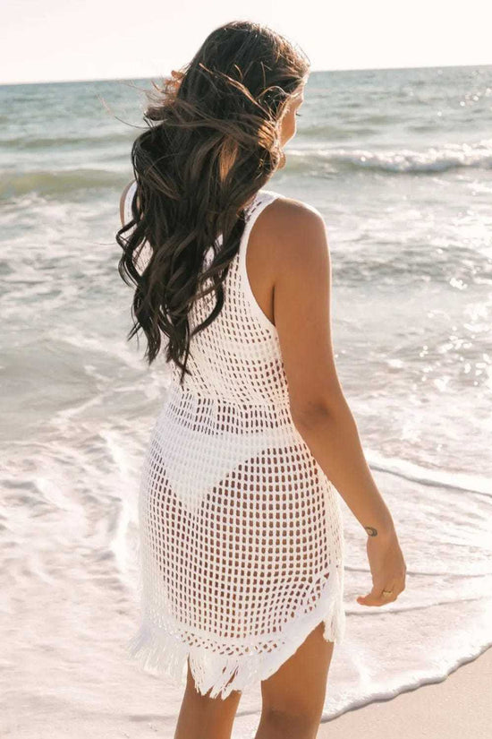 Beach Cover-ups Crochet Fishnet Beach Cover-Up - White
