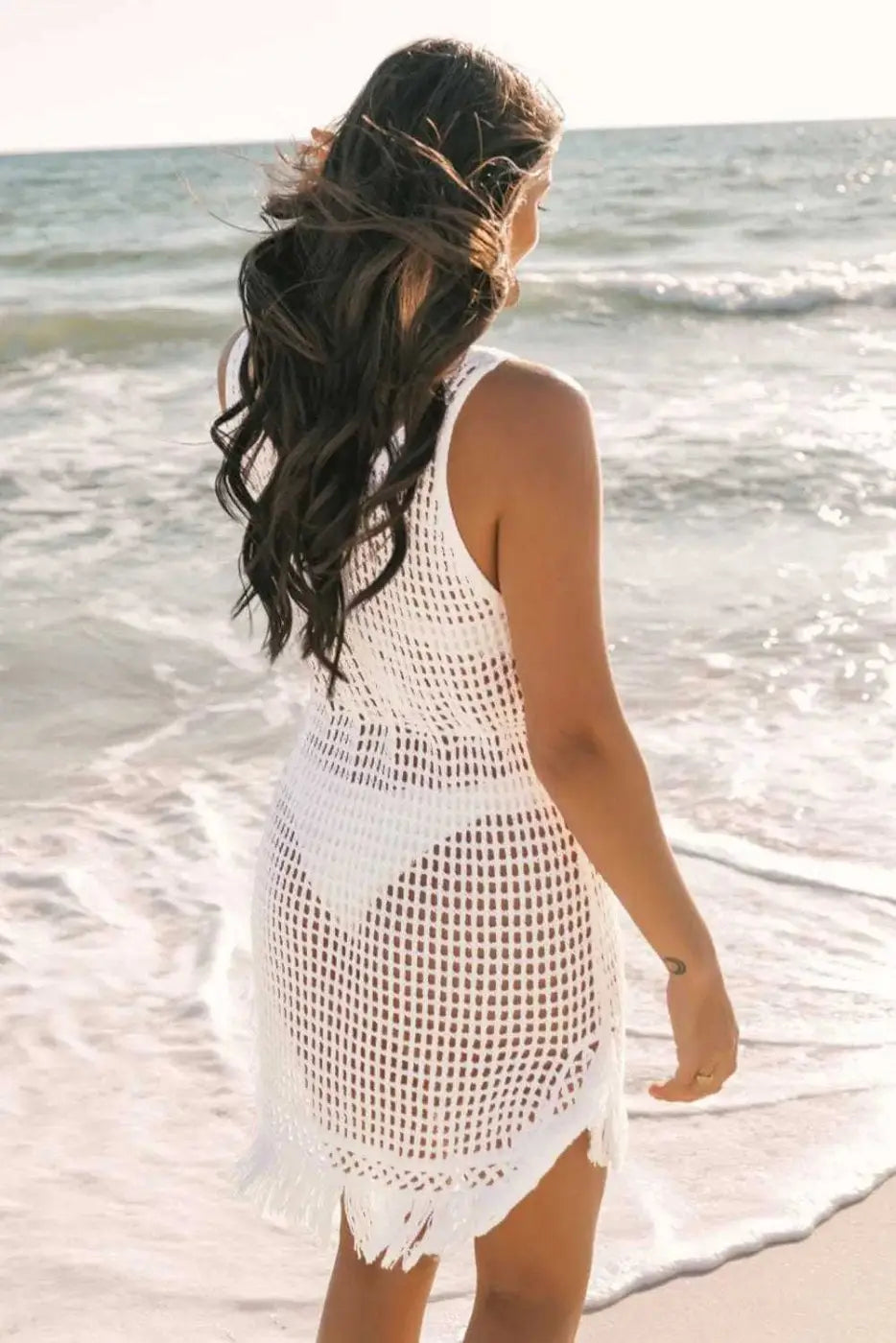 Beach Cover-ups Crochet Fishnet Beach Cover-Up - White