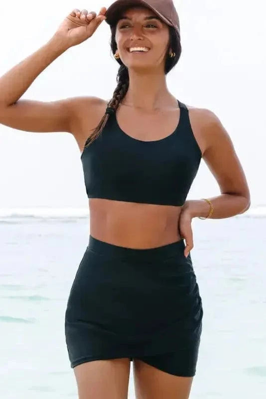 Bikinis Black / S / 82%Polyamide+18%Elastane Crossover Bikini - Tank and Skort Swimwear