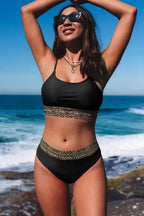 Bikinis Black / S / 82%Polyamide+18%Elastane Leopard Mesh Trim Bikini Set - Two Piece Swimwear