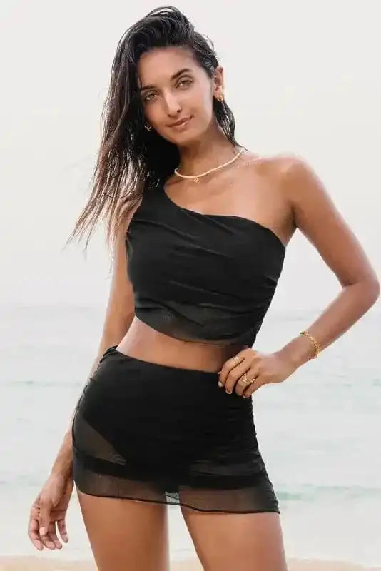 Bikinis Black / S / 82%Polyamide+18%Elastane Mesh One Shoulder Bikini - Top and Skirt Set