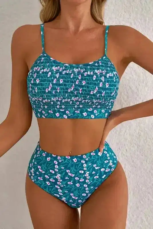 Bikinis Blue Floral Smocked Bikini Set