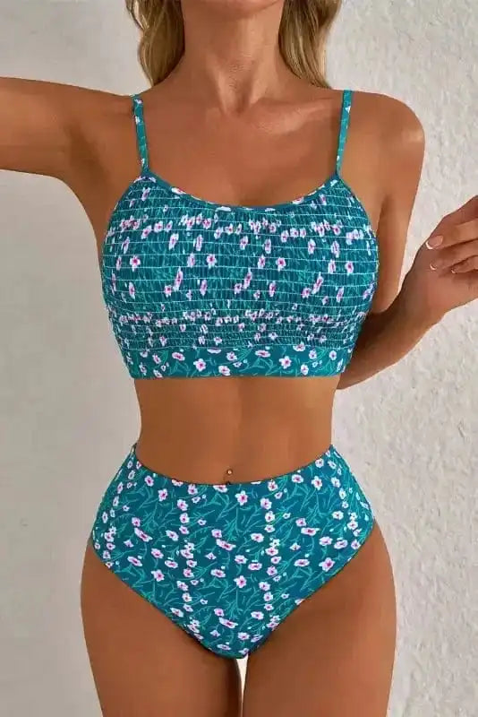 Bikinis Blue Floral Smocked Bikini Set