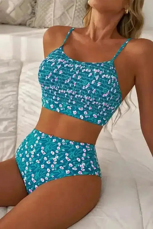 Bikinis Blue Floral Smocked Bikini Set