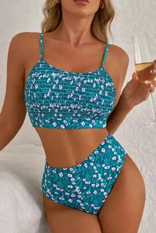 Bikinis Blue Floral Smocked Bikini Set