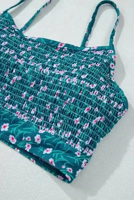 Bikinis Blue Floral Smocked Bikini Set