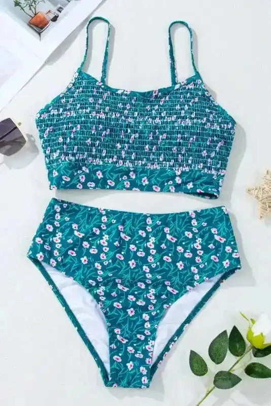 Bikinis Blue Floral Smocked Bikini Set