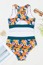 Bikinis Floral High Waist Bikini - Racerback Cutout