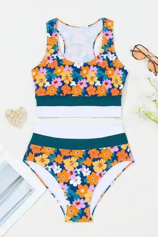 Bikinis Floral High Waist Bikini - Racerback Cutout
