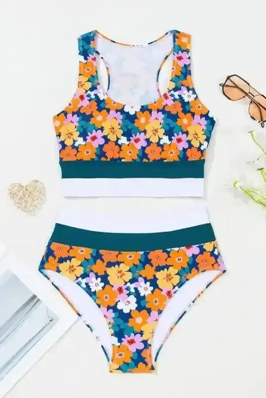 Bikinis Floral High Waist Bikini - Racerback Cutout