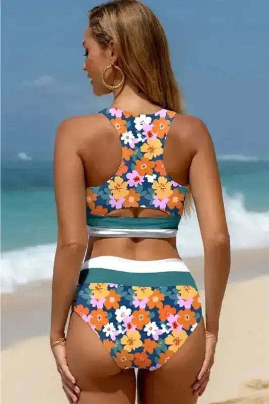 Bikinis Floral High Waist Bikini - Racerback Cutout