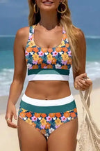 Bikinis Floral High Waist Bikini - Racerback Cutout