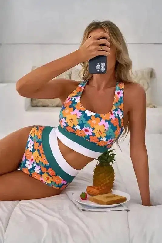 Bikinis Floral High Waist Bikini - Racerback Cutout