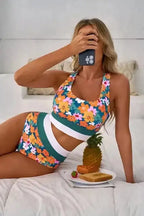 Bikinis Floral High Waist Bikini - Racerback Cutout