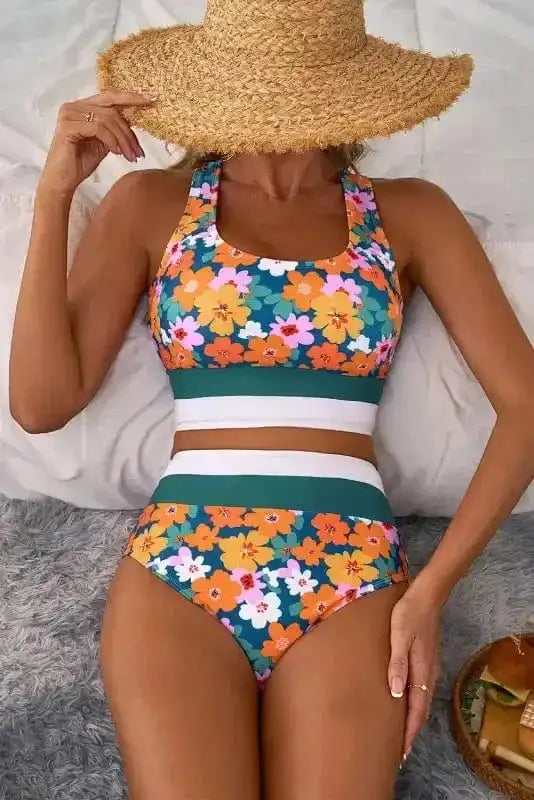 Bikinis Floral High Waist Bikini - Racerback Cutout