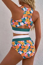 Bikinis Floral High Waist Bikini - Racerback Cutout