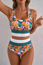 Bikinis Floral High Waist Bikini - Racerback Cutout