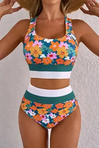 Bikinis Green / S / 85%Polyester+15%Elastane Floral High Waist Bikini - Racerback Cutout