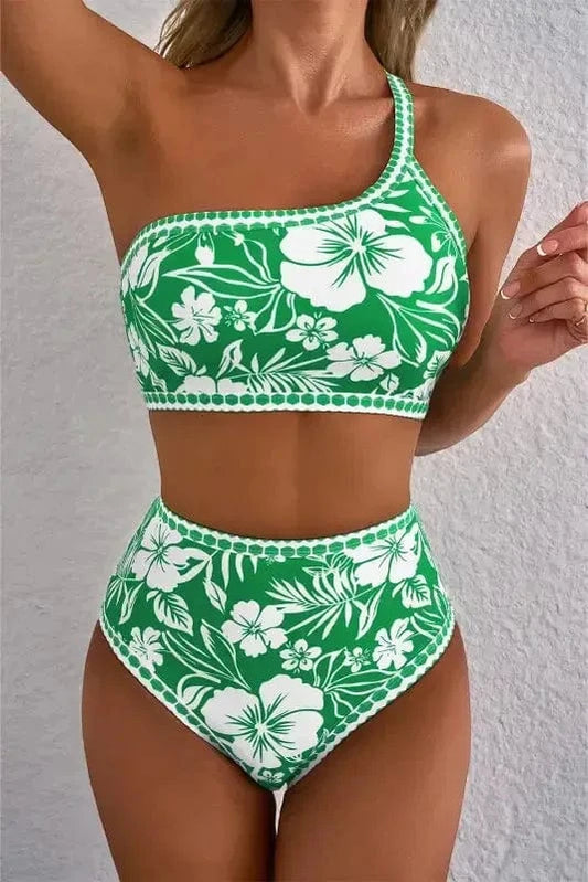 Bikinis Green / S / 85%Polyester+15%Elastane Palm Paradise One-Shoulder Bikini