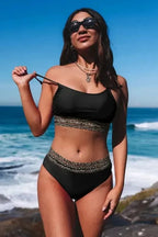 Bikinis Leopard Mesh Trim Bikini Set - Two Piece Swimwear