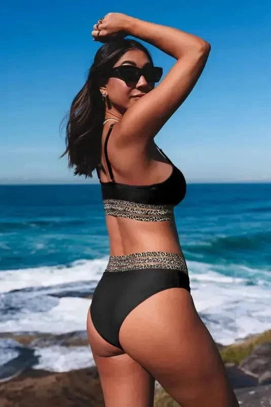 Bikinis Leopard Mesh Trim Bikini Set - Two Piece Swimwear