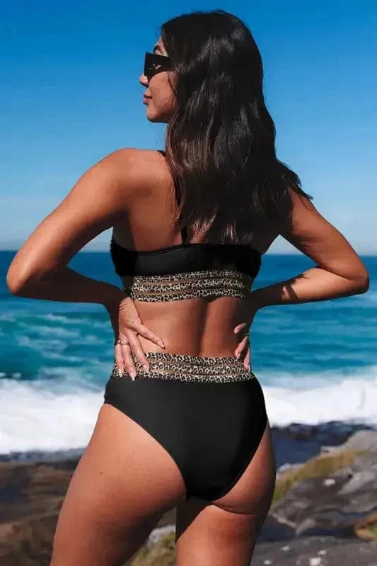 Bikinis Leopard Mesh Trim Bikini Set - Two Piece Swimwear