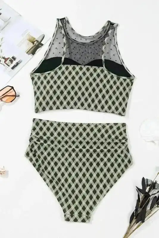 Bikinis Plaid High Waist Bikini - Dotted Mesh Patchwork