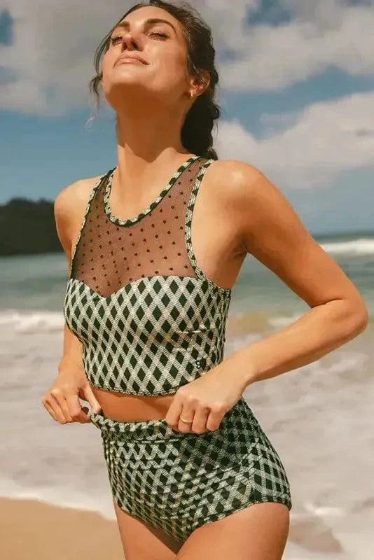 Bikinis Plaid High Waist Bikini - Dotted Mesh Patchwork