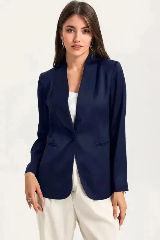 Blazers Blue / S / 90%Polyester+10%Elastane Black Collared Neck Single Breasted Blazer with Pockets