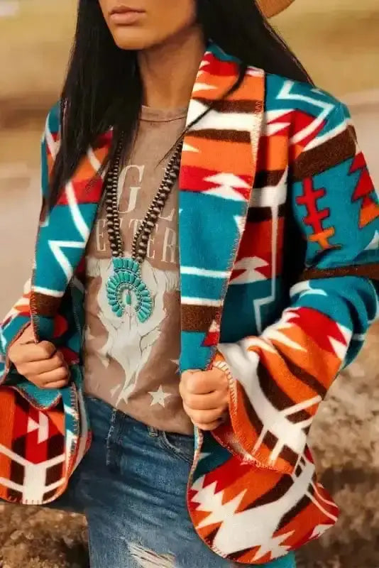 Blazers Sky Blue / S / 100%Polyester Boho Chic Aztec Blazer