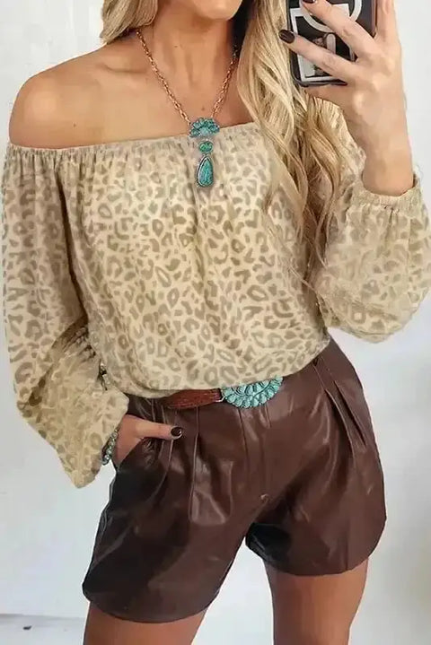 Beige velvet leopard off-shoulder bold blouse front view — Fashionfitz UK