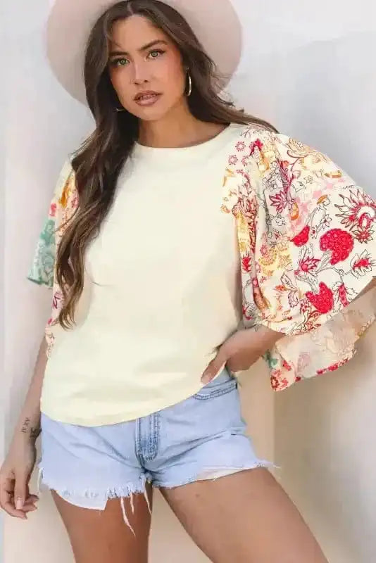 Blouses Beige / S / 65%Cotton+35%Polyester Floral Fusion Beige Blouse