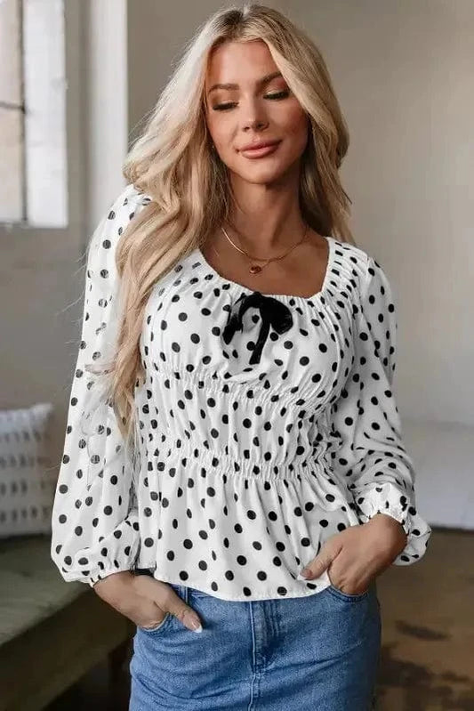 Blouses Black / S / 100%Polyester Bow Detail Polka Dot Blouse