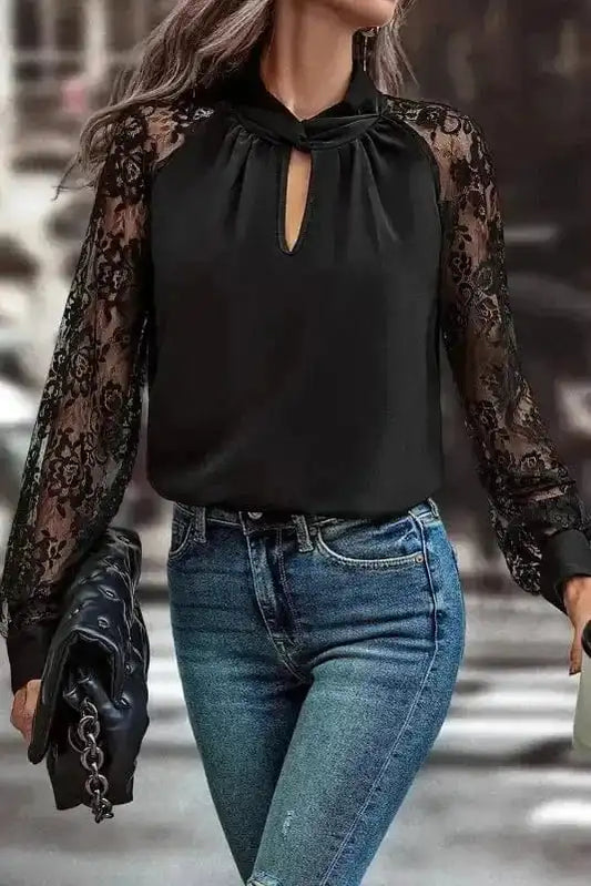 Blouses Black / S / 100%Polyester Lace Sleeves Blouse - Black