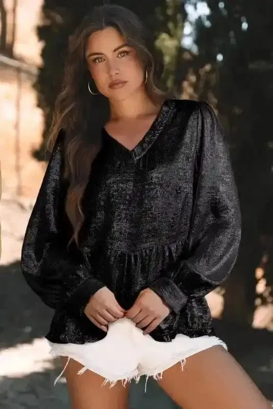 Metallic Velvet Babydoll Puff Sleeve Blouse Women UK in black — front view showing shimmer metallic velvet and puff sleeves — Fashionfitz