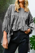 Blouses Black / S / 50%Polyester+50%Cotton Retro Checkered Babydoll Blouse
