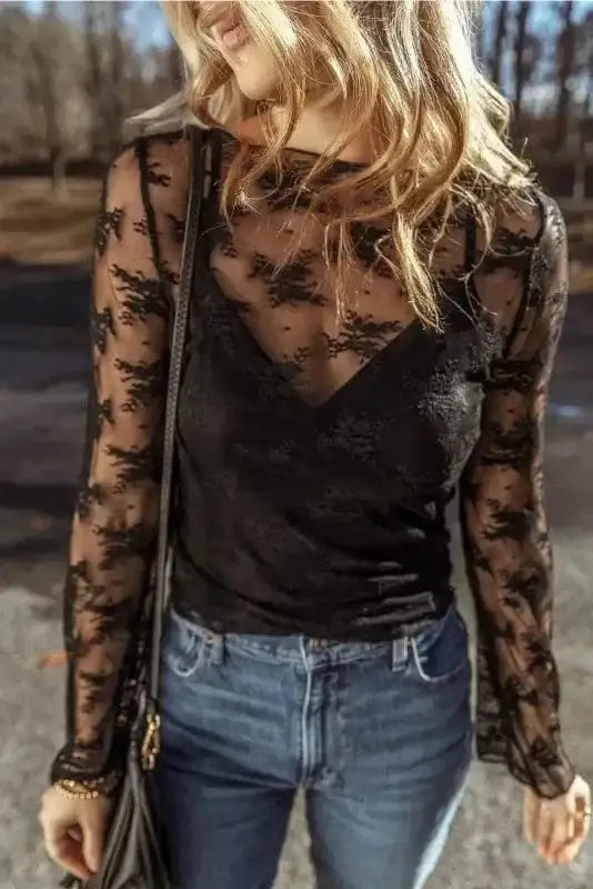 Black Lace Trim Sheer Slim Fit Blouse Women UK — front view showing sheer embroidered mesh and lace trim detail — Fashionfitz