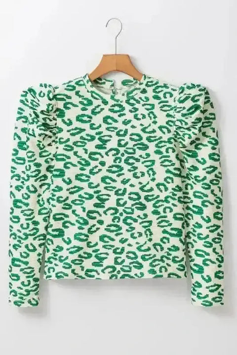 Blackish green leopard print mock neck puff sleeve top front view — Fashionfitz UK