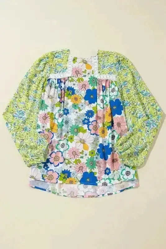 Side view of Green Floral Puff Sleeve Spring Blouse showing puff sleeve structure and shirred bodice — Fashionfitz